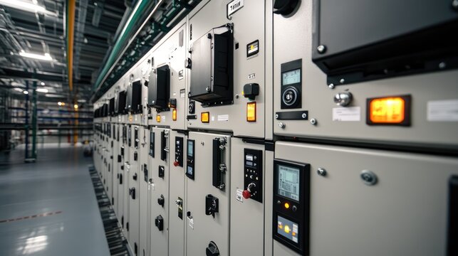 Electrical switchgear installation in a power plant with neatly labeled components.