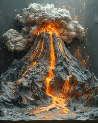 Naklejka premium A diorama depicting a volcanic eruption with smoke and lava flowing