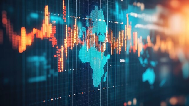 Financial network and global trade with blue-tinted stock market charts and wealth visualization.