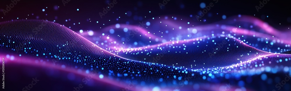 Poster colorful abstract waves of light particles glowing in a dark background creating a dynamic visual re