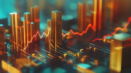 Financial projection success visualized with a histogram, golden investment bars, and a red arrow.
