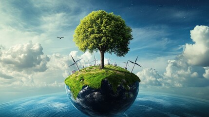 Futuristic visualization of carbon reduction strategies, green investments, and clean energy-powered industries.