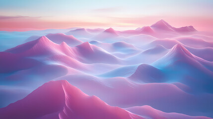 An ethereal 3d landscape of misty mountains with surfaces that glisten and reflect light, evoking a sense of calm and awe in a surreal environment. Surreal - Desert. Illustration
