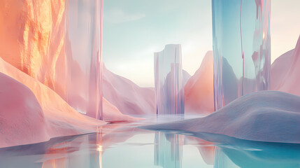 An ethereal 3d landscape of misty mountains with surfaces that glisten and reflect light, evoking a sense of calm and awe in a surreal environment. Surreal - Desert. Illustration