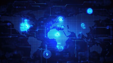 Obraz premium Global business finance with currency symbols, digital transactions, and a glowing blue world map.