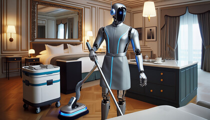 Cutting-edge technology meets elegance as a futuristic robot diligently cleans a modern hotel suite.
