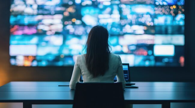 Businesswoman analyzing data on multiple screens 