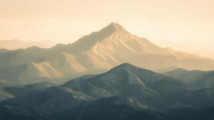 Obraz premium A majestic mountain range at dusk, with the tallest peak bathed in the last golden rays of sunlight, creating a mesmerizing contrast against a monochrome background