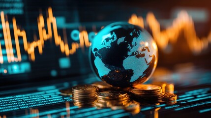 Glowing world globe resting on gold coins with digital trading charts in the background.