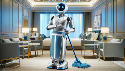 A futuristic robot takes care of a luxurious hotel room, embodying the latest technology in hospitality services.
