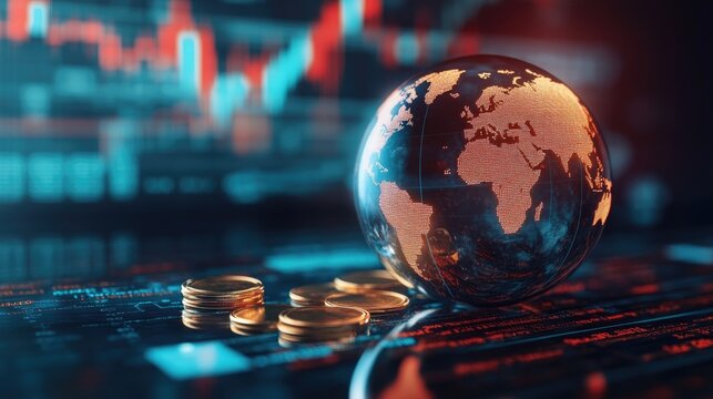 Glowing world globe resting on gold coins with digital trading charts in the background.