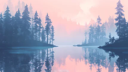 Sierkussen Mistig bos Foggy forest material structure background - generative ai. Tranquil - Lake. Illustration  © Thiago