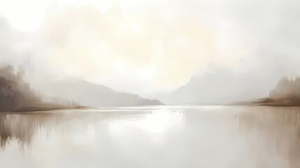 Obraz premium Neutral beige and white abstract oil painting with visible brushstrokes and palette knife textures, creating a blurred landscape effect. Tranquil - Lake. Illustration