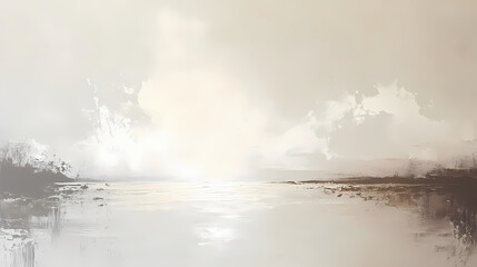 Neutral beige and white abstract oil painting with visible brushstrokes and palette knife textures, creating a blurred landscape effect. Tranquil - Lake. Illustration