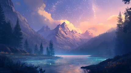 Shimmering aurora borealis unfurls above a tranquil landscape, dreamy, atmospheric, peaceful. Tranquil - Lake. Illustration