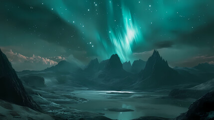 Fototapeta premium Shimmering aurora borealis unfurls above a tranquil landscape, dreamy, atmospheric, peaceful. Tranquil - Lake. Illustration