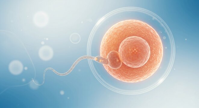 Human egg cell fertilization process on blue background. Sperm approaching ovum. Medical illustration of reproductive biology and embryology. IVF, fertility treatment concept.