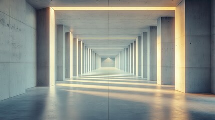 Long Concrete Corridor with Light Rays and Geometric Pillars