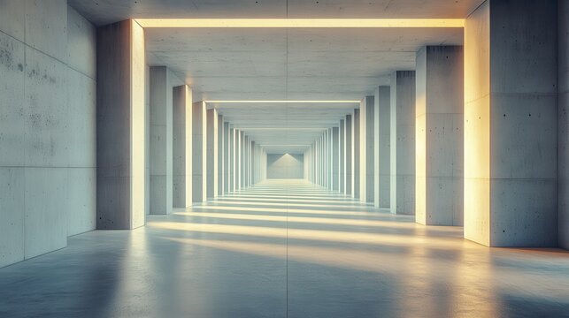 Long Concrete Corridor with Light Rays and Geometric Pillars