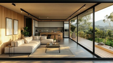 Fototapeta premium Modern Open Plan Living Room Kitchen Design With Mountain View