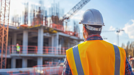A construction manager observing site operations, ensuring safety and efficiency