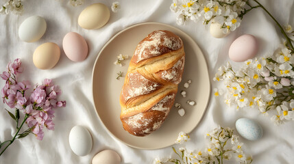 Rustic Easter bread with pastel eggs and flowers 