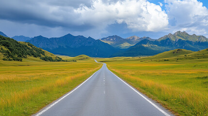 Fototapeta premium Expansive road stretching through green fields and mountains 