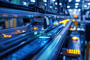 A high tech assembly line featuring advanced automation and industrial technology, showcasing precision and efficiency