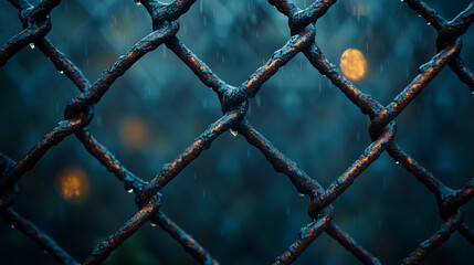 Fototapeta premium Rainy night through a rusted chain link fence 