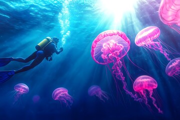 Fototapeta premium Diver Explores Bioluminescent Jellyfish Sanctuary in Deep Ocean Waters