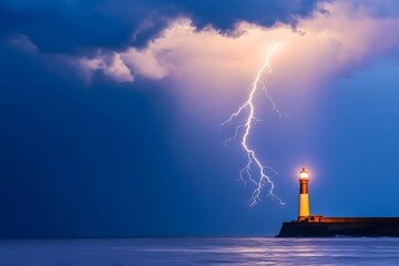 Dramatic Storm Clouds Over Glowing Lighthouse by the Ocean