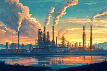 A vibrant industrial landscape showcasing innovation and engineering at sunset