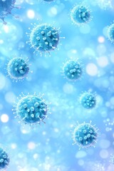 Naklejka premium Coronavirus molecules floating in blue fluid. Microscopic view of virus cells. Medical research, immunology, and infectious disease concept. Pandemic background with copy space.