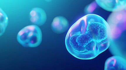 Microscopic view of cell division in blue bubbles. Scientific visualization of mitosis process. Biology, genetics, and medical research concept. Futuristic biotechnology background.