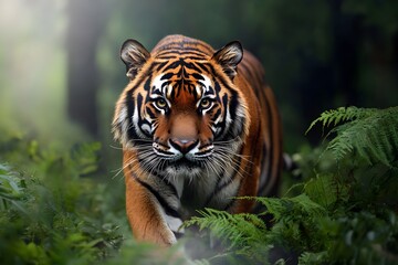 Obraz premium Majestic Tiger Prowling Through Misty Jungle with Intricate Fur Texture