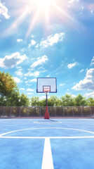Basketball hoop standing on a blue outdoor court under a sunny sky, perfect for sports and recreation concepts