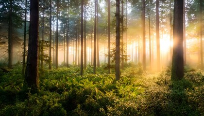 Naklejka premium Sunlight Streaming Through Misty Forest Trees, Serene Woodland with Fog and Sunlight Rays, Tranquil Forest Scene with Golden Sunrise Glow