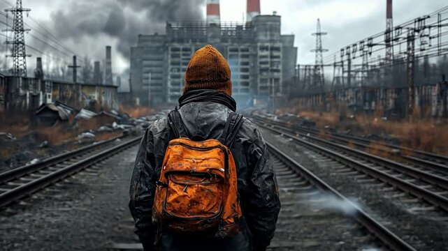 Cinematic shot of a decaying nuclear power plant, featuring mutated wildlife navigating a haunting radioactive landscape.