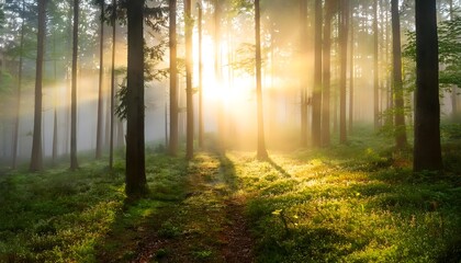 Naklejka premium Sunlight Streaming Through Misty Forest Trees, Serene Woodland with Fog and Sunlight Rays, Tranquil Forest Scene with Golden Sunrise Glow