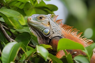 Fototapeta premium The Iguana in its Illustrating Habitat With a close look, we can see how the iguana hides in the gaps of the leaves, enjoying the cool tropical atmosphere