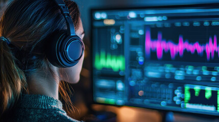 A Person wearing headphones recording podcast with soundwave visualization screen, showcasing professional voiceover equipment