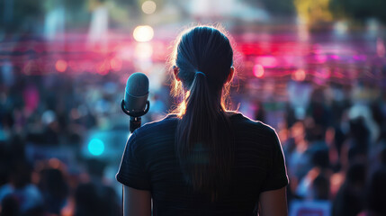 A Person delivering passionate speech at rally, soundwave effect enhancing their voice, podcast recording in progress