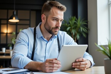 Fototapeta premium Focused Caucasian Male Professional in Light Blue Shirt Engaged with Tablet in Modern Workspace Surrounded by Greenery
