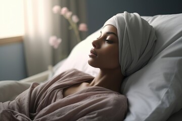 Woman in pink headscarf resting in hospital bed. Healthcare, medical treatment, and patient care concept. Sidelit portrait of african american female in recovery ward.