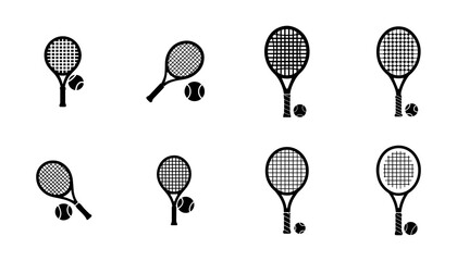 Tennis Racket and Ball Icons Set - Silhouette Sports Equipment Collection