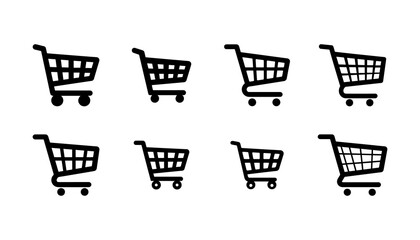 Shopping Cart Icons Set - Black Silhouette Variations for E-commerce and Retail