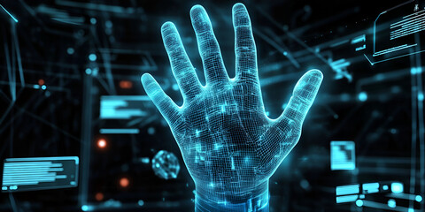 Futuristic holographic hand scanning technology for biometric security | Digital identification system with advanced AI visualization