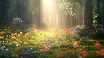Fototapeta premium Beautiful colorful wild flowers in deep foggy forest with sun light in Spring.