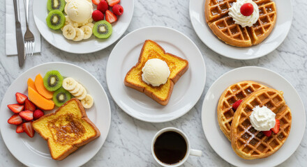 Delicious Breakfast Spread Featuring Waffles and Fresh Fruits