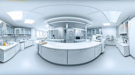 Medical laboratory with glassware and equipment in 360-degree spherical panorama, sterile HDRI environment